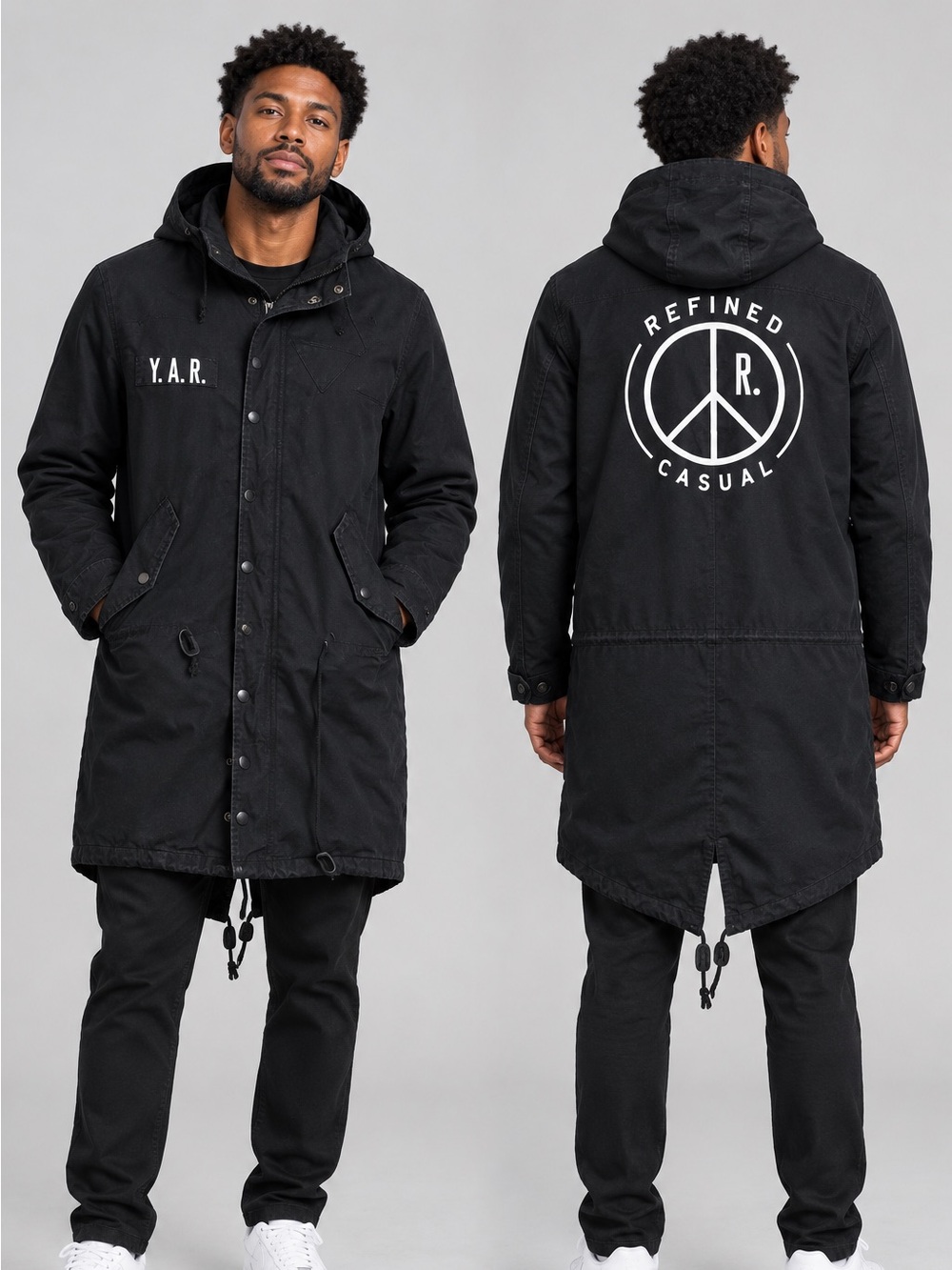 Y.A.R. Refined Casual Men’s Black Hooded Fishtail Parka Coat Size S Graphic
